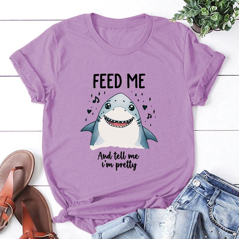 Hot Shark Feed Me And Tell Me I'M Pretty Print Unisex T-Shirt Loose Short Sleeve Harajuku Casual Tops Women T-Shirt