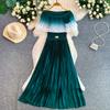 Elegant Gradient Shiny Pleated Dress Cape Shoulder Pearl Beads 3D Floral Applique Scalloped Waist Belt A Line Midi Dress