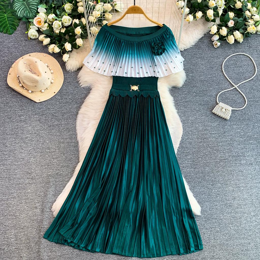 Elegant Gradient Shiny Pleated Dress Cape Shoulder Pearl Beads 3D Floral Applique Scalloped Waist Belt A Line Midi Dress