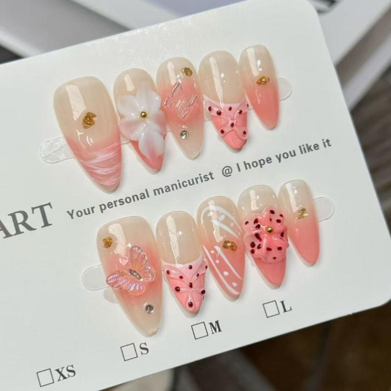 10Pcs Handmade Pink Blue Gradient Fake Nails with 3D Flower  Pearl Accents XS