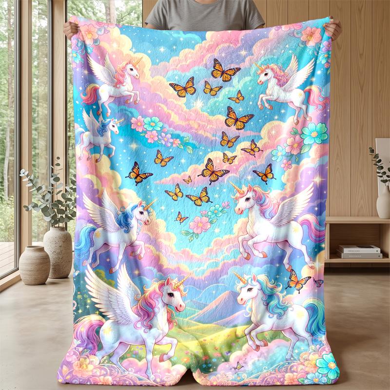 Fantasy Unicorns and Balloons Theme Blanket Lightweight Warm Flannel Blanket Decorative Throw Blanket for Home Decoration