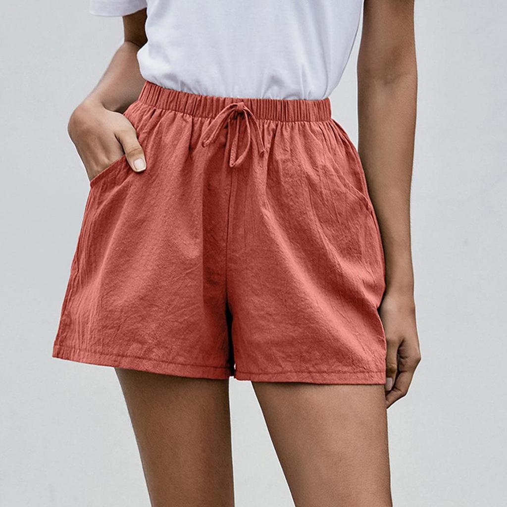 Women's Fashionable Color Drawstring Elastic Waist Pocket Casual Loose Shorts