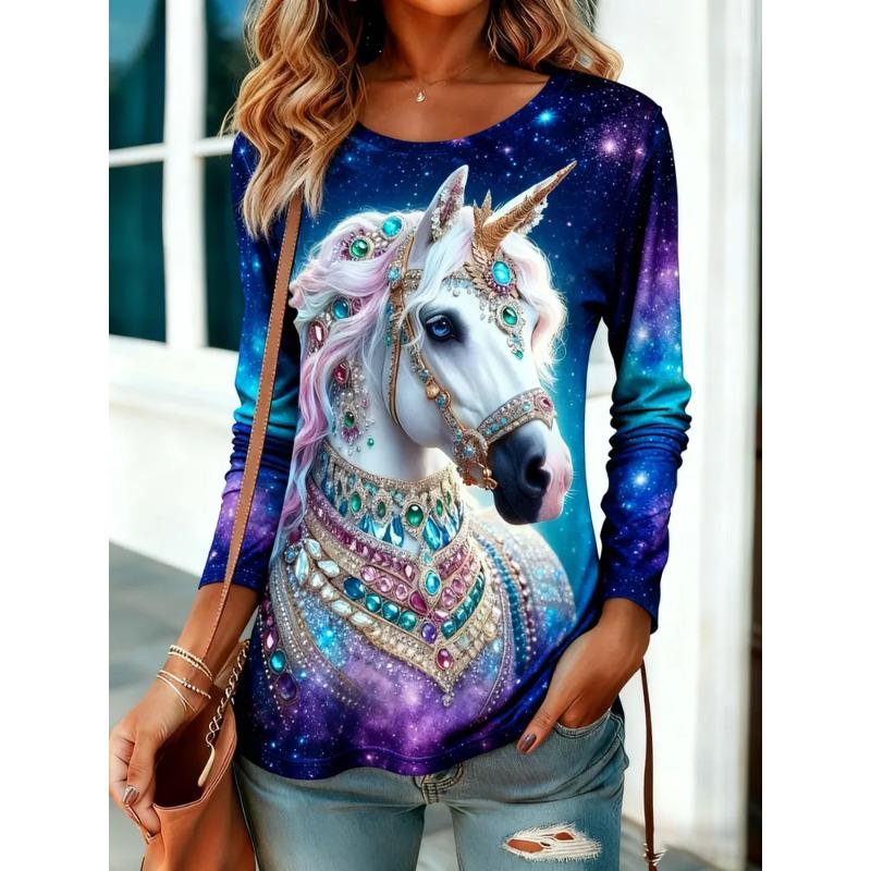 Women's 3D Printed Crew Neck Long Sleeve T-Shirt Fashion Versatile Trend Breathable Casual