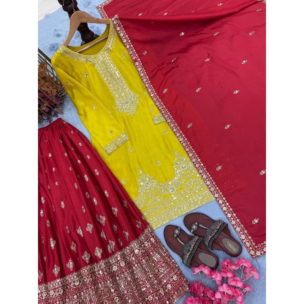 Launching New  Đěsigner Party Wear Look Pur Chinon Silk Top Plazzo & Dupatta Set