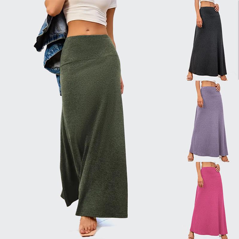 European & American Commuter A-Line Midi Skirt - Solid Color, Knit, Polyester-Cotton, Micro-Elastic, Spring/Autumn Wear