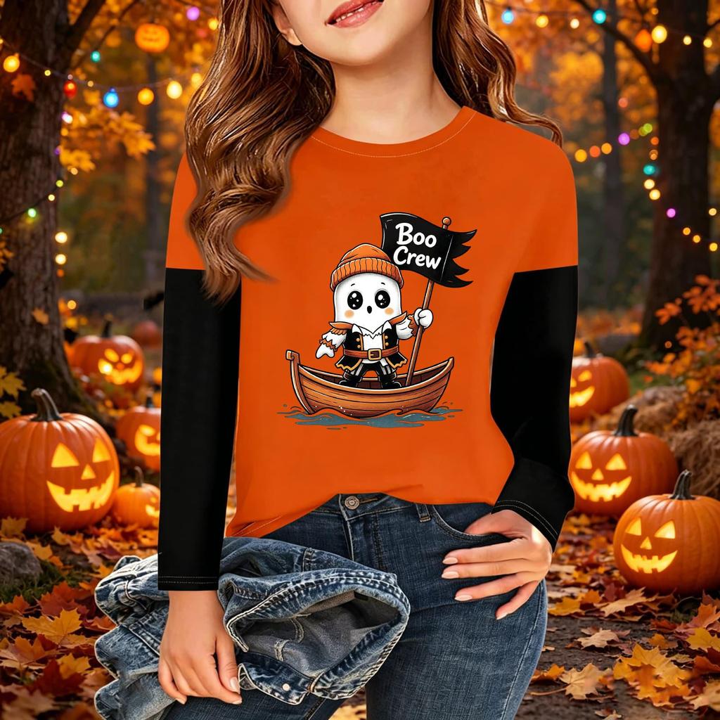 Children's Halloween Printed Long Sleeve Round Neck Casual Base Layer Shirt for Boys and Girls