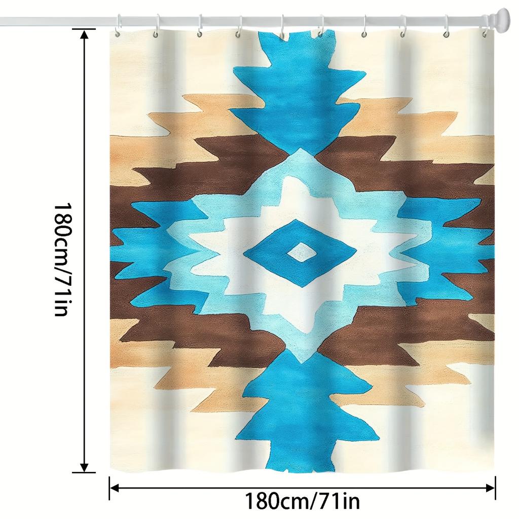 Aztec Geometric Shower Curtain - Blue & Brown Pattern, Polyester, Washable, Hooked, Southwestern Bath Decor