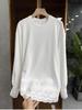Korean Long Sleeve Lace Trim T-shirt, Round Neck, Solid Color, Casual Loose Fit