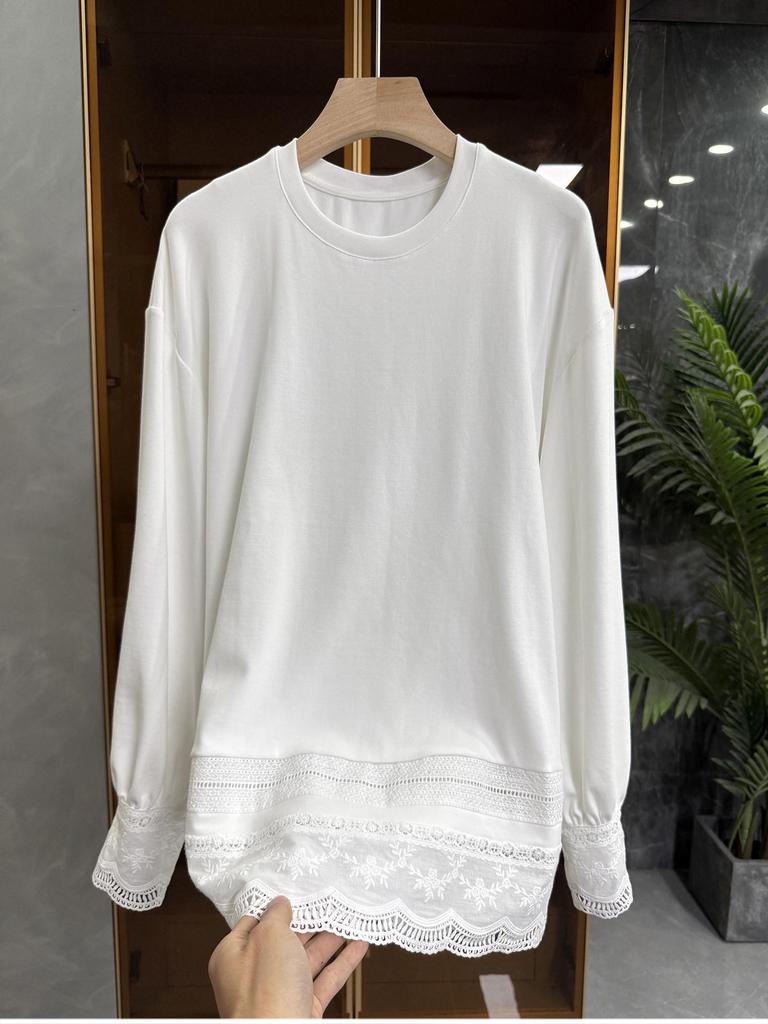 Korean Long Sleeve Lace Trim T-shirt, Round Neck, Solid Color, Casual Loose Fit
