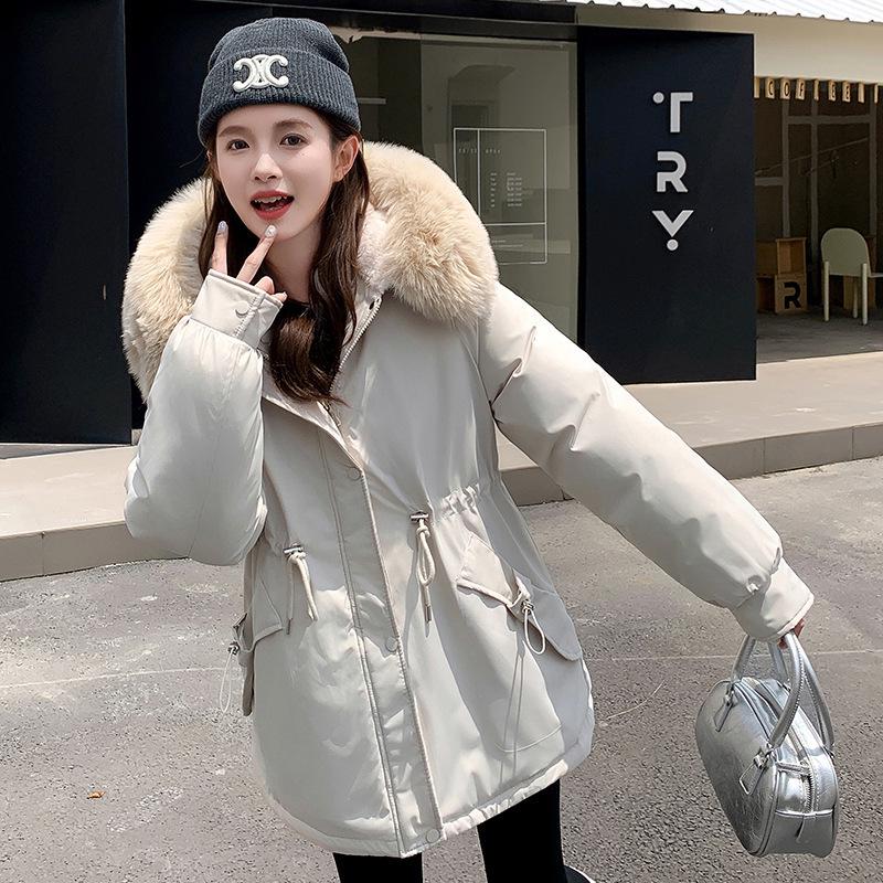 Women's Mid-Length Cotton Jacket with Large Fur Collar, Hooded, Winter 2024 Style, Warm Outerwear.
