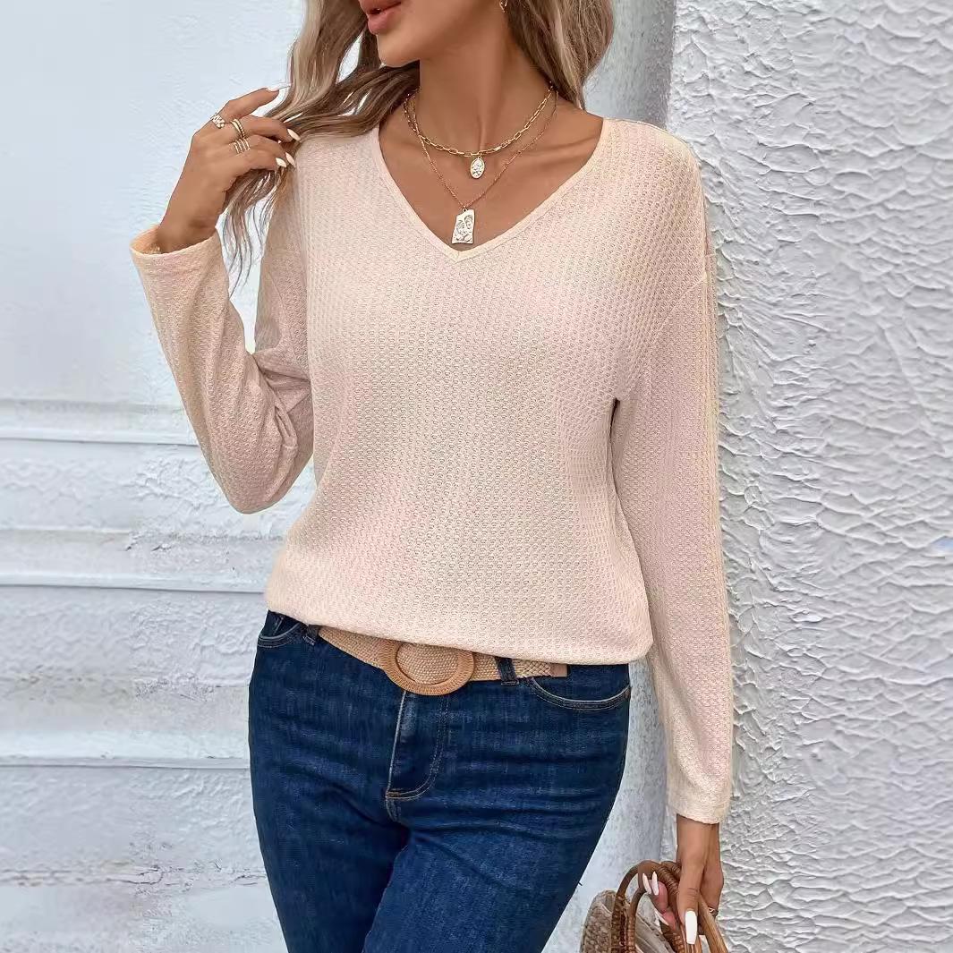 

Осенне-зимняя элегантная женская футболка с V-образным вырезом, прошитая модная кружевная завязка сзади, бант, длинный рукав L абрикосовый
