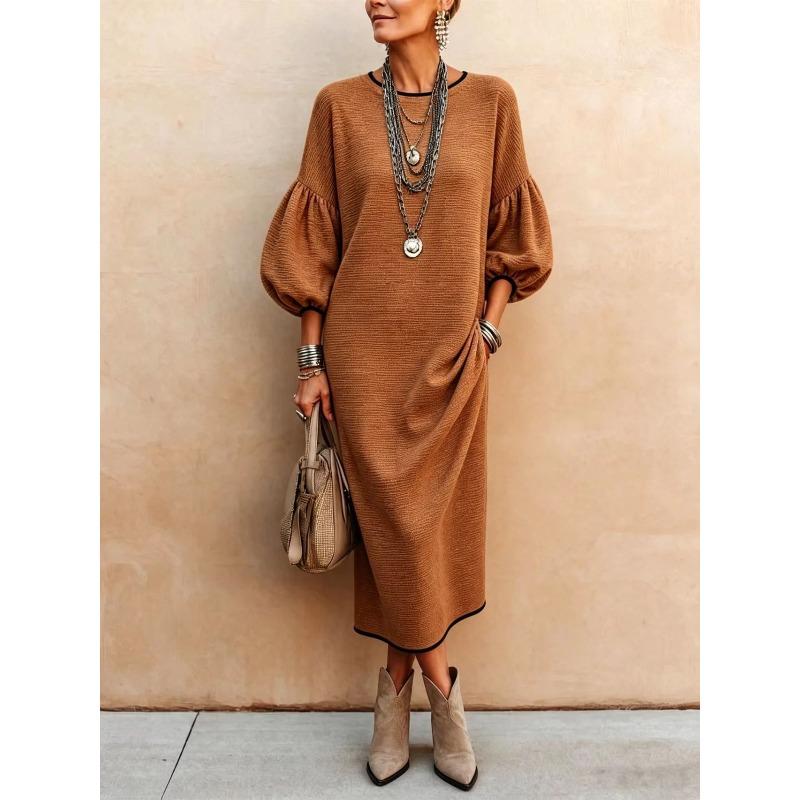 GMXIA Women's Fashion Long Sleeve O-Neck Autumn Winter Solid Color Print Casual Dresses