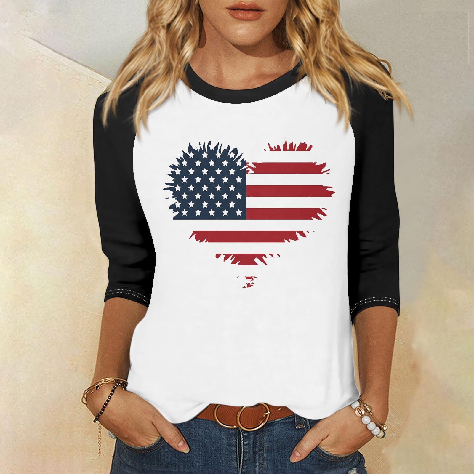 

Рубашка для женщин, модная повседневная рубашка с рукавами реглан, круглым вырезом, рукавом 3/4, свободная футболка с принтом на День независимости, женский топ M белый