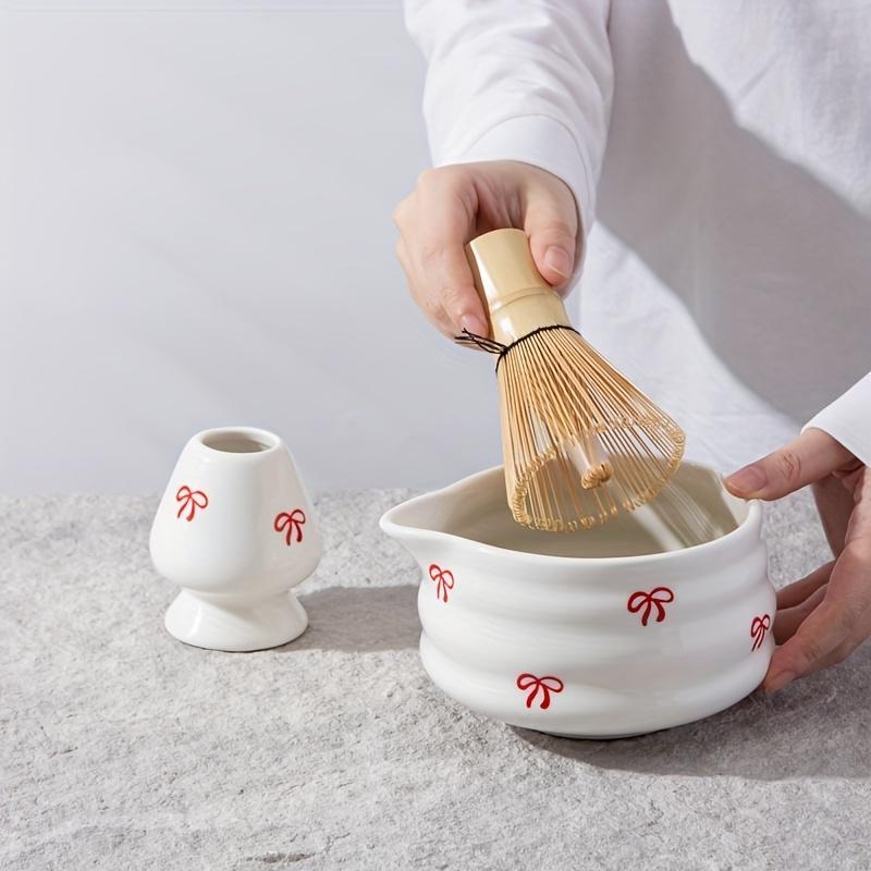 5 Pieces of White Bow Decal Ceramic Matcha Set, Matcha Set Includes Matcha Bowl, Matcha Mixer and Holder, Bamboo Spoon, Sieve