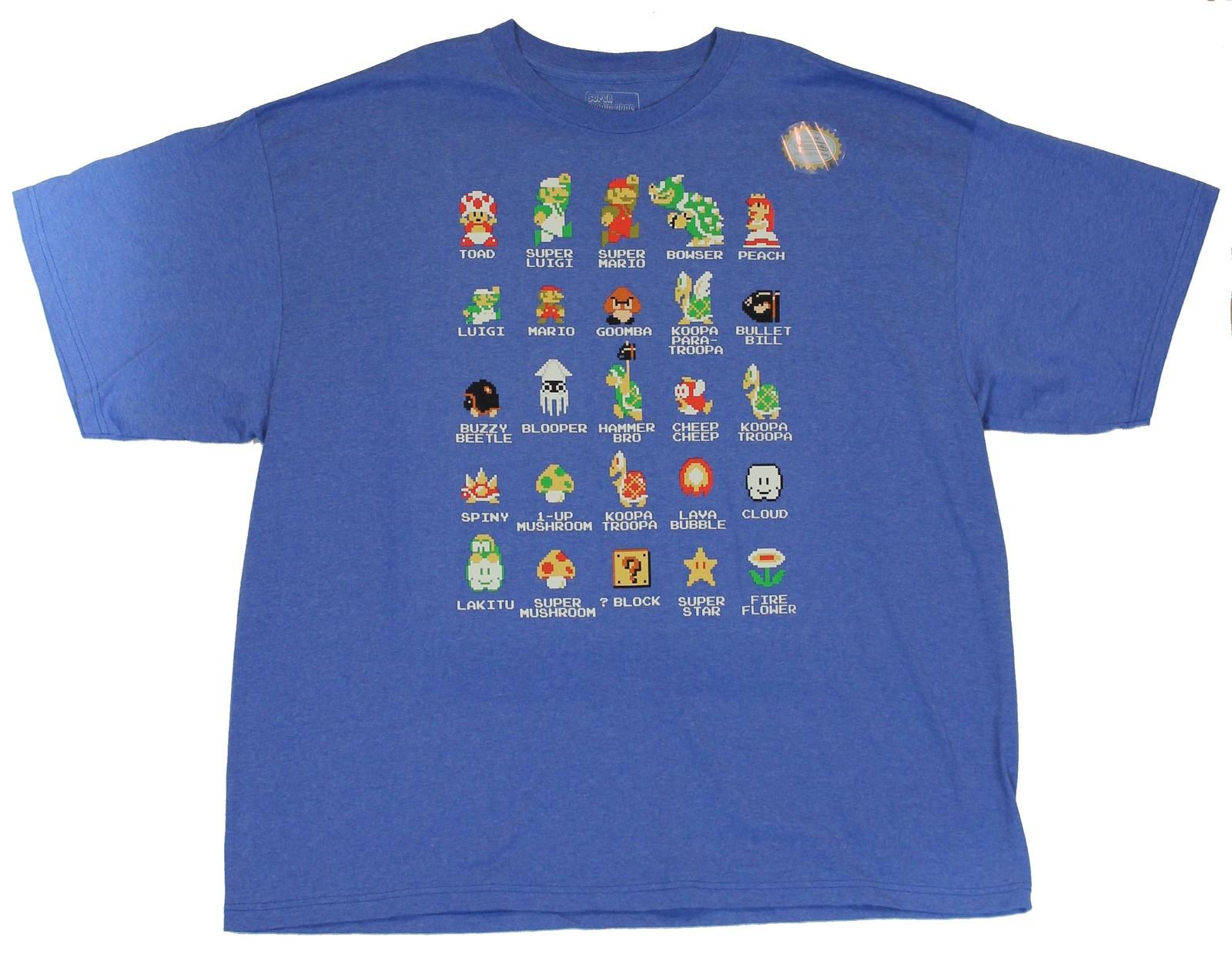 Super Mario Brothers Mens T-Shirt - 25 8-Bit Characters & Items Named Images XL