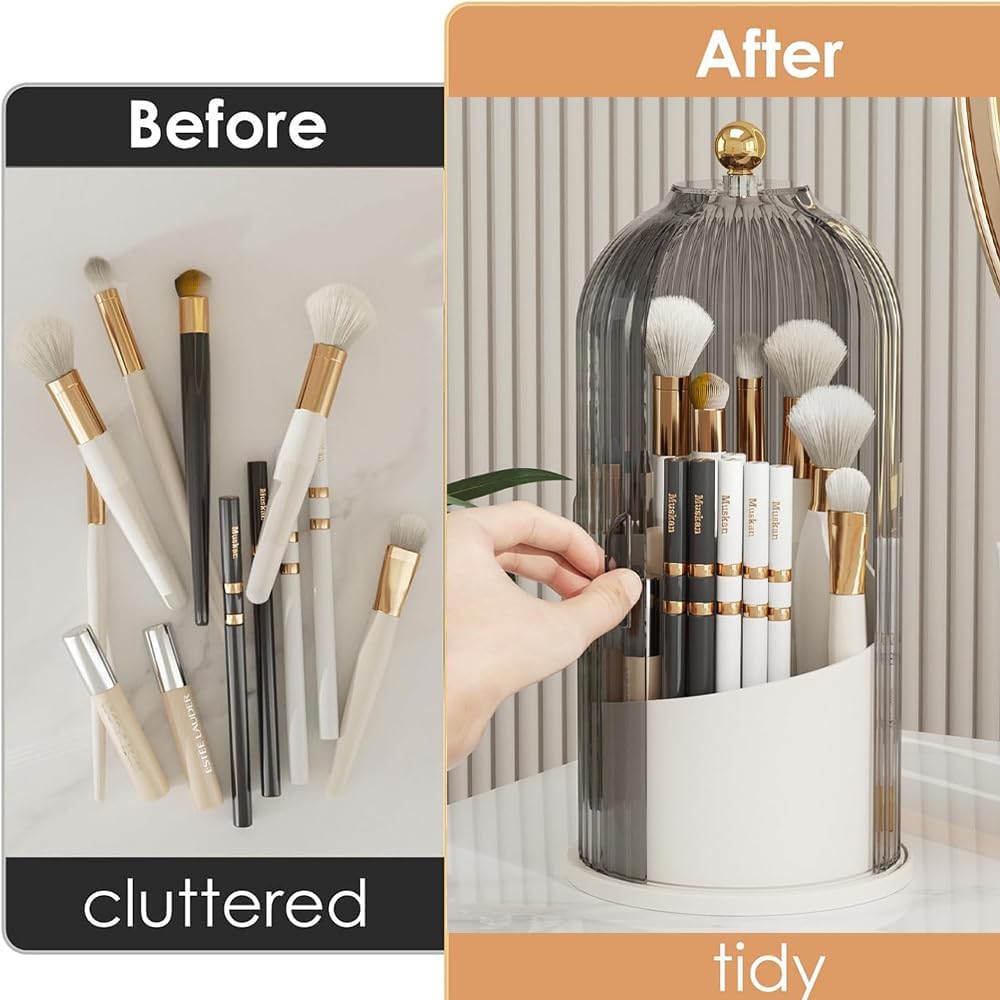 Makeup Brush Holder Organizer 360° Toothbrush storage rack,Beauty Brushes Storage, Makeup Brush Holder with Lid, Waterproof Dustproof Beauty Brushes