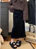 Plus Size Velvet Fur-Trimmed High-Waist Slit Skirt