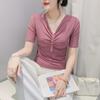 Women's European Style Beaded V-Neck Mesh T-shirt - Short Sleeve, Versatile, Fashionable Summer Blouse