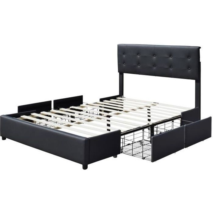 Chloe - Solid and Comfortable Bed 140x190 with Base with 4 Drawers BLACK Headboard 4 Cm Feet