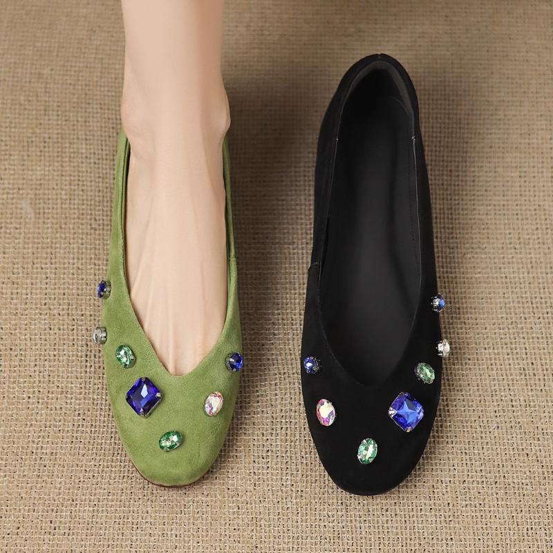 Fashion Shiny Colorful Rhinestone Decorated Flats Women Elegant Cozy Round Toe Shallow Low Heel Pumps Luxury Suede Brand Designer Shoes
