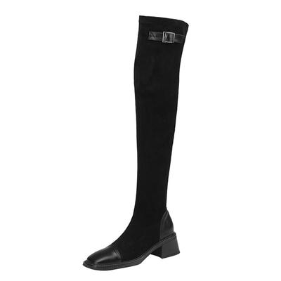 Microfiber Flock Autumn Winter Shoes Med Heels Riding Boots Square Toe European Style Keep Warm Over-the-knee Boots