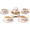 Vintage Porzellan Blumenserie Teesets, Teetasse Untertasse Set mit Teekannenwärmer - Filter und Löffel, 16 Stück in 1 Set