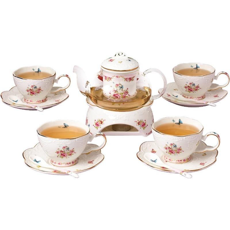 Vintage Porzellan Blumenserie Teesets, Teetasse Untertasse Set mit Teekannenwärmer - Filter und Löffel, 16 Stück in 1 Set