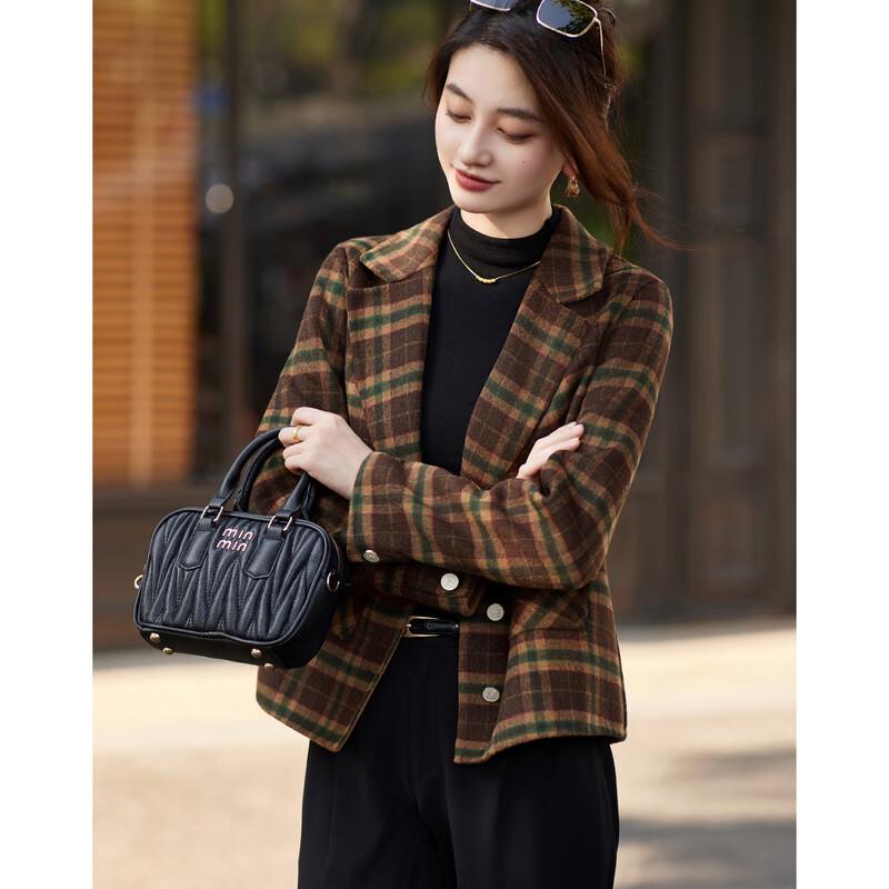 Sishui Nianhua Women's Elegant Plaid Short Wool Blend Coat