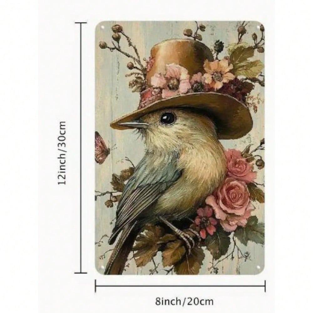 Vintage Metal Wall Art Bird in Hat Rusty Floral Decor 8x12 Inch Hanging Home
