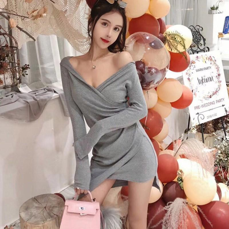 Podzimní Pletené Šaty Dámské Šaty Výstřih do V Sexy Pletené Šaty Dlouhý Rukáv Bodycon Pouzdrové Obepínající Boky Šaty