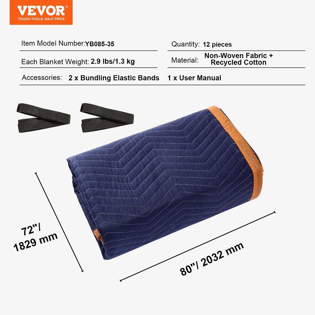 Moving Blankets, 80" x 72", 35 lbs/dz Weight, 12 Packs, Professional Non-Woven & Recycled Cotton Packing Blanket, Heavy Duty Mover Pads for Protecting