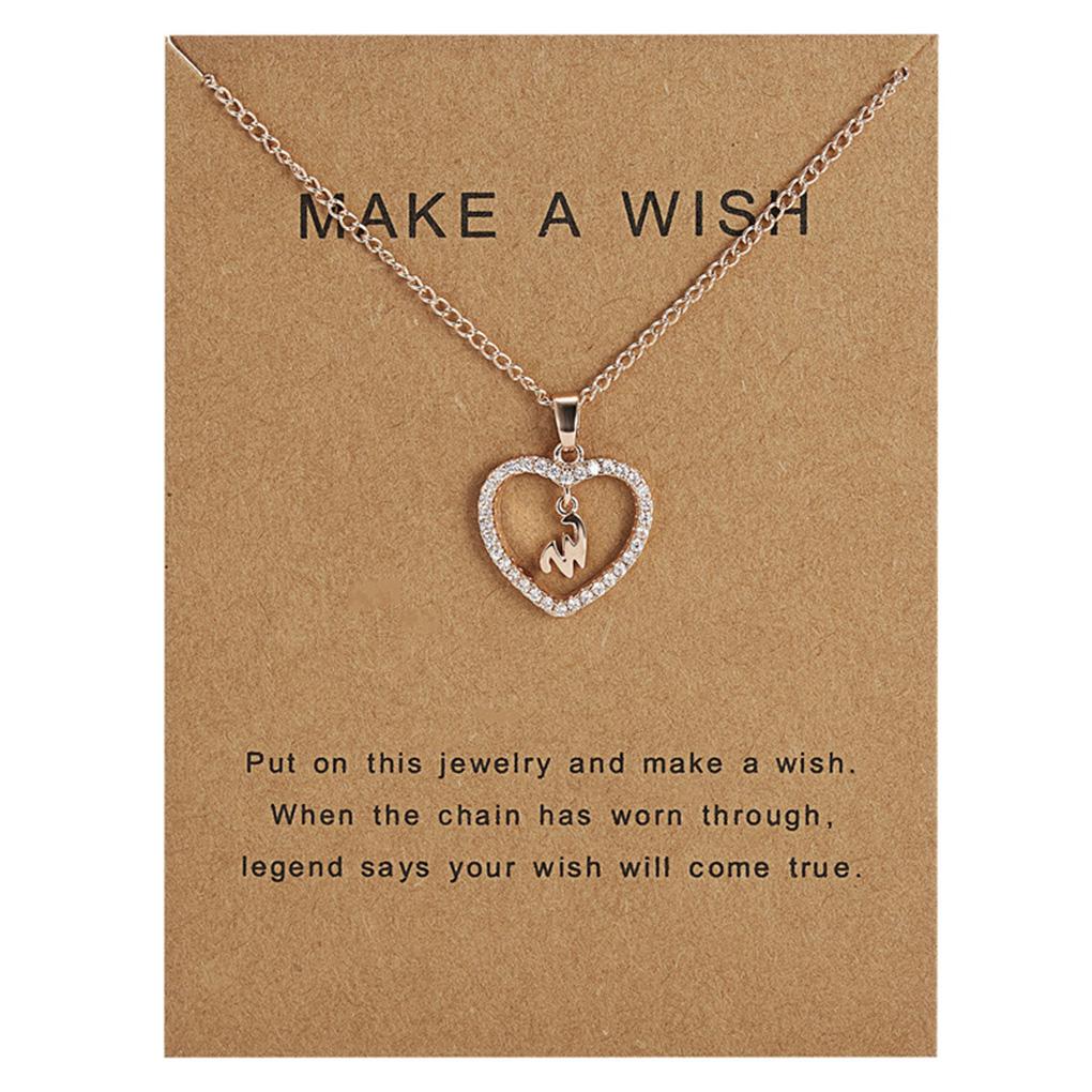 26 Letters W Heart Shape Pendant Necklace Rhinestone Rose Golden Clavicular Chain Jewelry Couple Gift