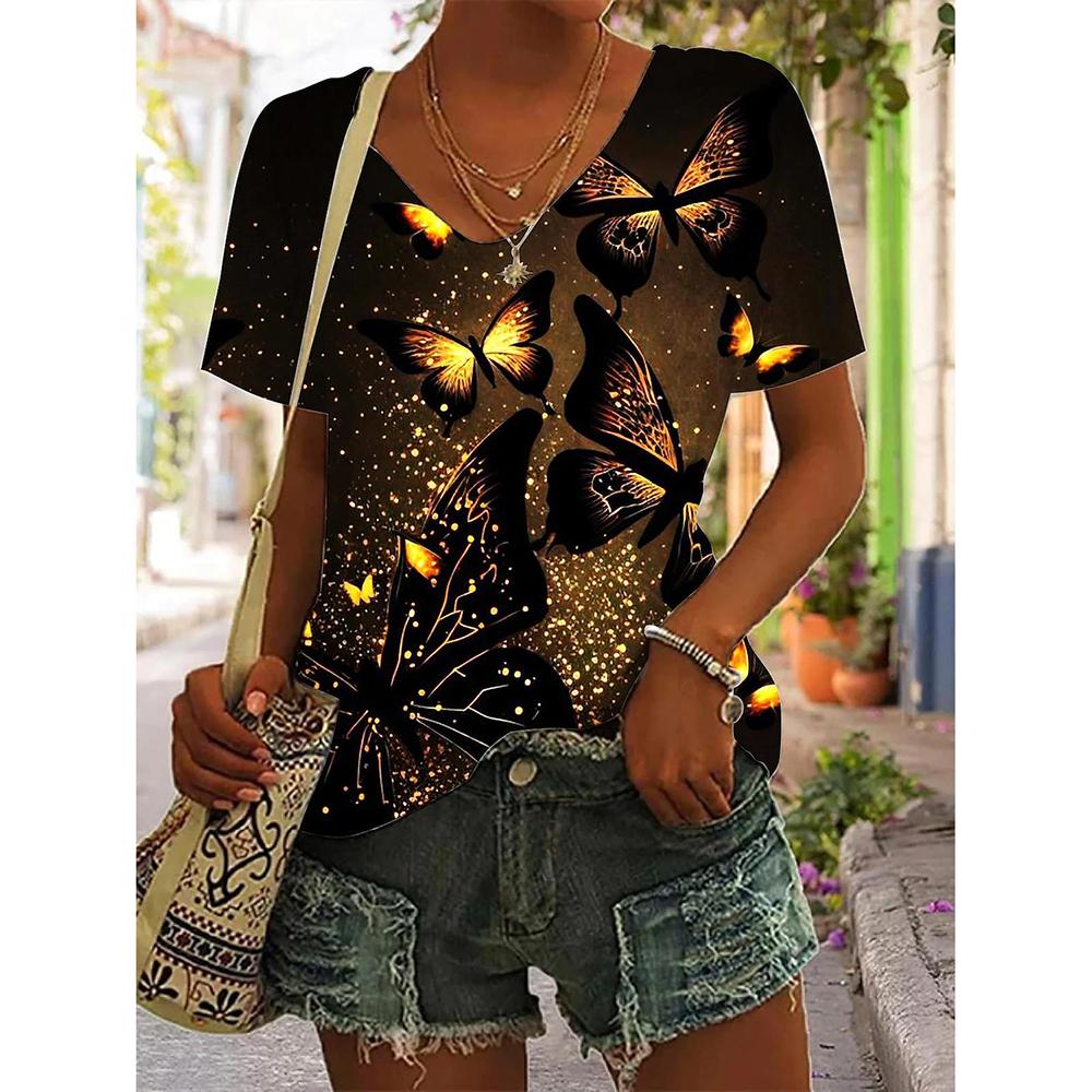 Letní dámská trička 3D barevný gradient Grafický potisk Fsahion Ležérní Krátký rukáv Topy s výstřihem do V Tričko Oversized Dámské Oblečení