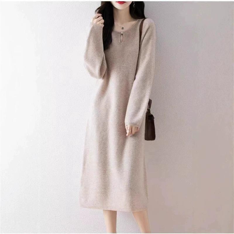 Autumn and winter new simple and versatile knitted dress femininity gentle wind loose and thin medium and long sweater skirt