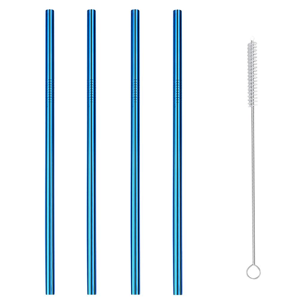 4 Straight Reusable Drinking Straws Metal Stainless Steel Eco-Friendly 10.5in, With 1 Cleaning Brush