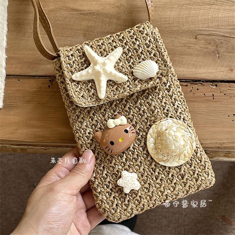 Summer Island Black Cat Mobile Phone Bag Handwoven Holiday Wind Starfish Shell Straw Messenger Bag Storage Bag