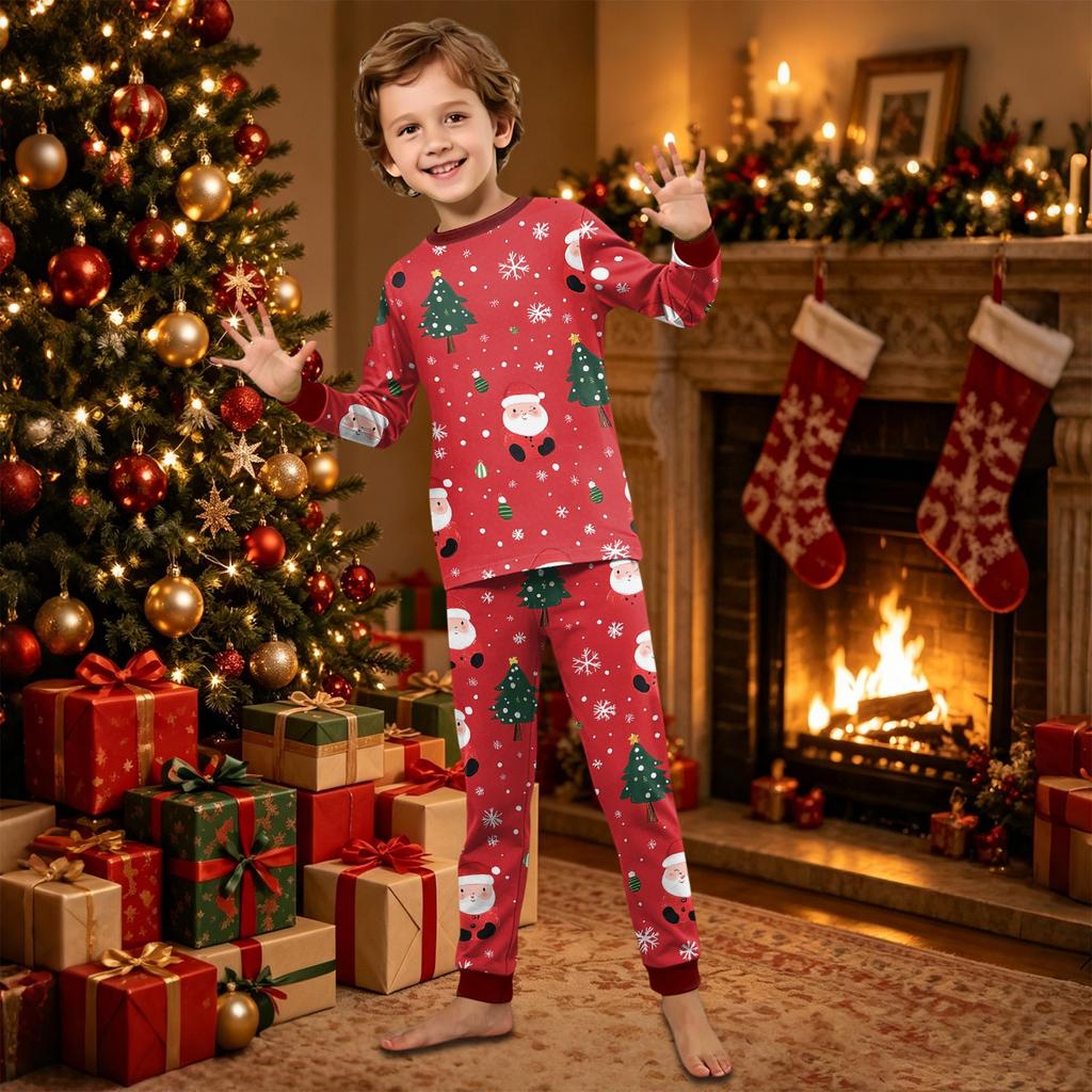 Family Matching Christmas Pajamas Set Long Sleeve Neck Print Loungewear for Parents and Kids