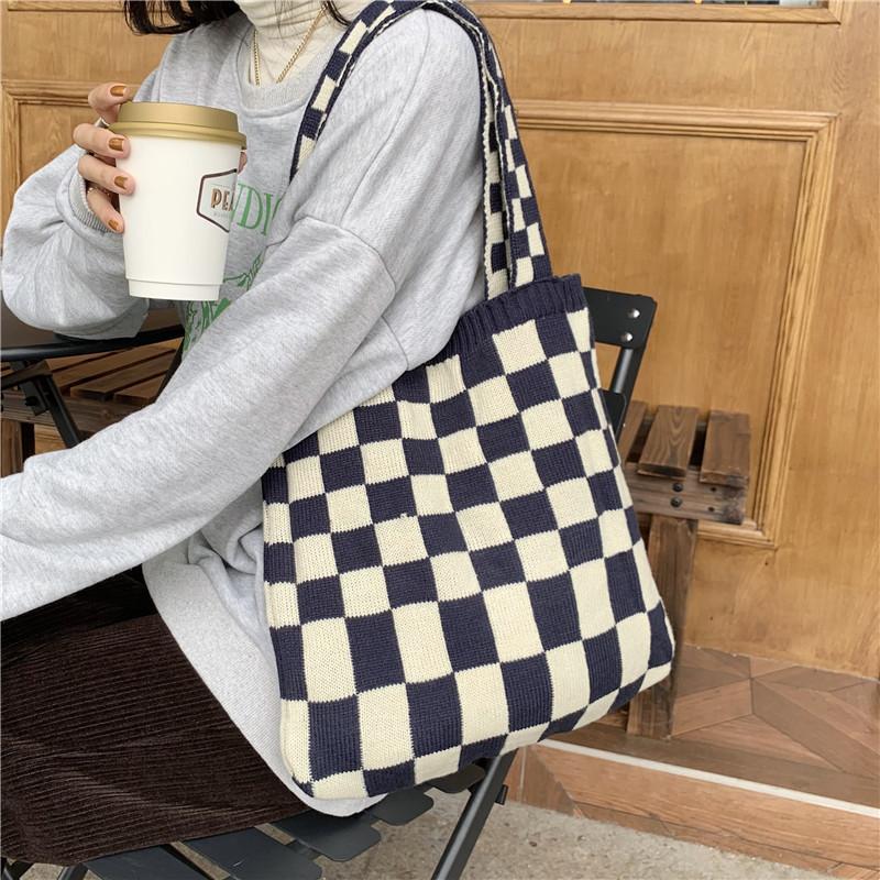 Sac cabas à carreaux en tricot style coréen tendance pour femmes Tissu doux