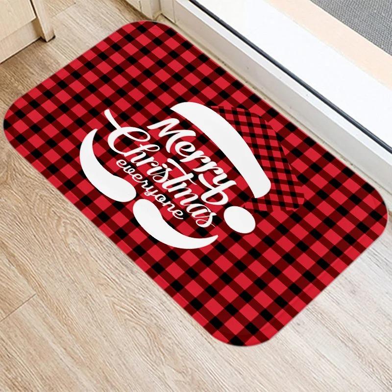 Merry Christmas! Red plaid print doormat home decor bathroom kitchen non-slip floor mat living room hallway rug.