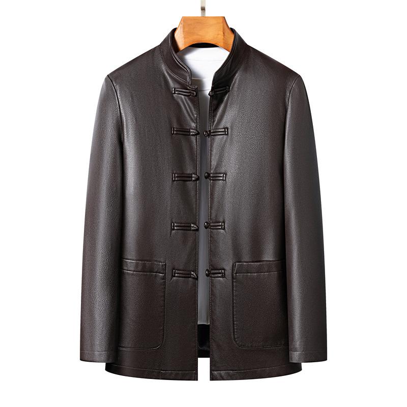 Genuine leather jacket for middle-aged men with stand-up collar and Chinese style new spring and autumn Tang suit sheepskin jacket casual dad jacket