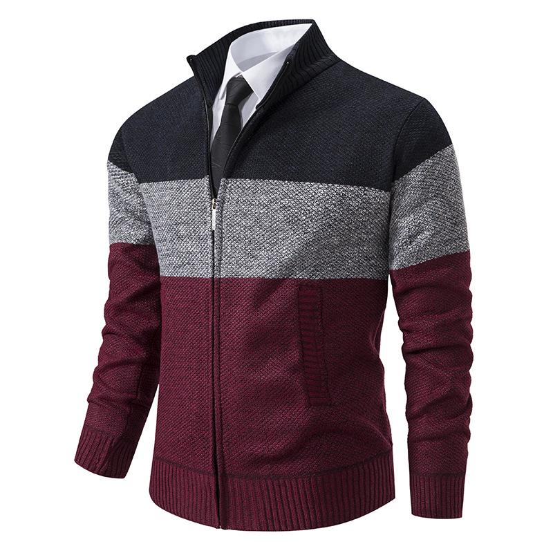 Men's Color Block Velvet-Lined Knit Cardigan with Stand Collar for Fall/Winter
