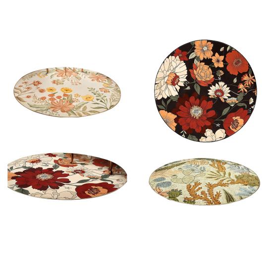 Round Floor Mat Plant Flowers Pattern Non-Slip Rubber Backing Machine Washable Decorative Rug Living Room Bedroom Kitchen Door Mat