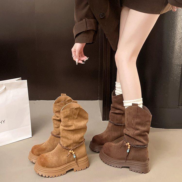 Thick-soled Stacking Boots Women's 2025 Autumn and Winter New Medium Tube Martin Boots Non-slip Small Western Boots Thick-soled Martin Boots