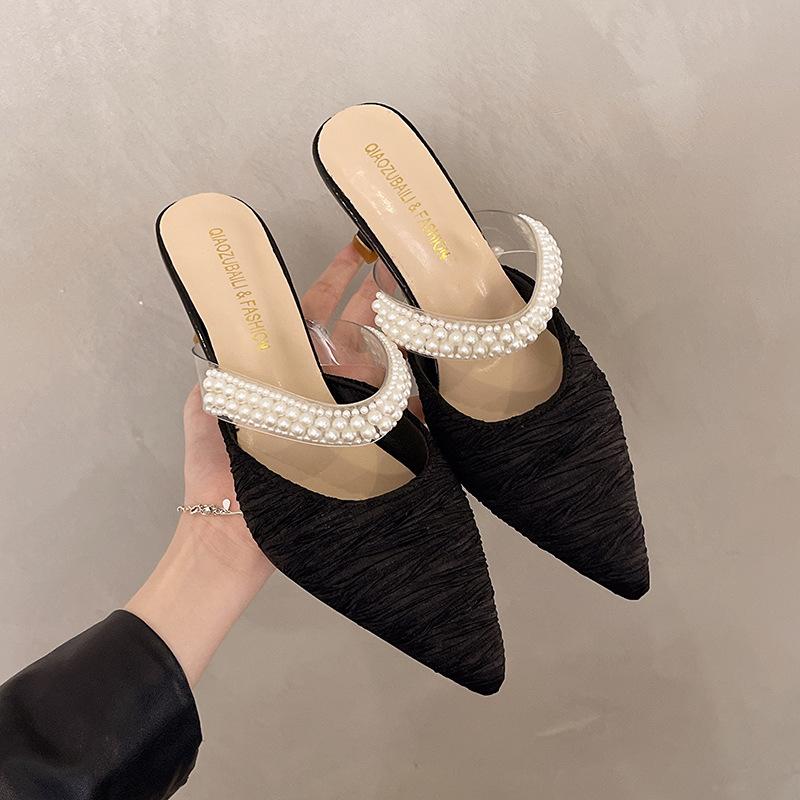 Baotou slippers women's summer wear 2025 pointed tip thin heel rhinestone soft leather comfortable high heel sandals half tray women's shoes