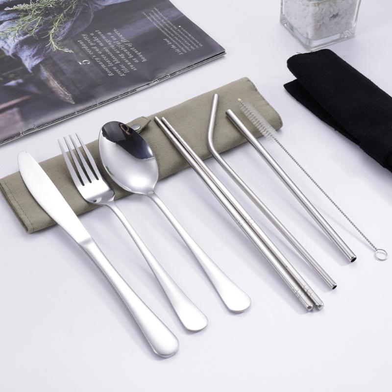 8 Pcs/Set Tableware Travel Cutlery Set 430 Stainless Steel Spoon Fork Chopsticks Straw Brush Portable Case Camping Utensils