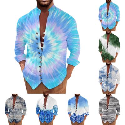 Camisa de Hombre Retro Casual de Corte Holgado de Manga Larga Estampada Moda Top de Cuello Mao