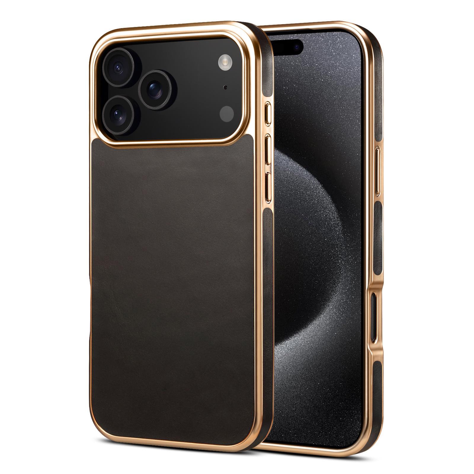 Minibook Luxury Oil Wax Leather Phone Case for iPhone 17 13 14 15 16 Pro Max TPU Soft Electroplating Frame Shockproof Cover For iPhone17 чёрный
