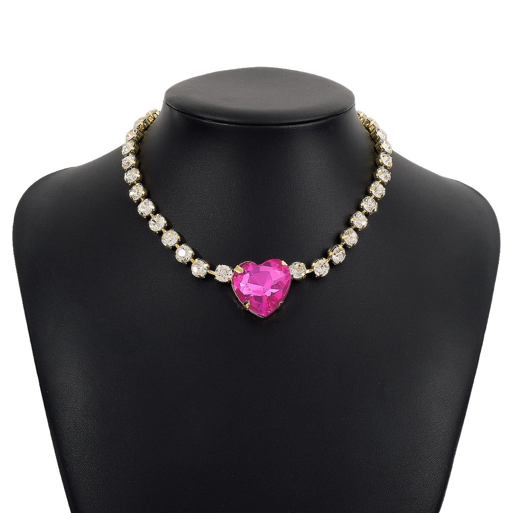 Fashion Bling Rhinestone Rose Heart Pendant Choker Necklace for Women Crystal Wedding Party Statement Jewelry
