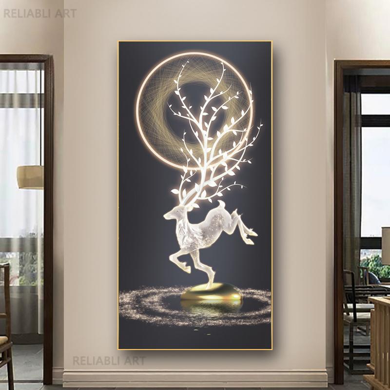 New Chinese Fengshui Golden Deer Canvas Painting Abstract Zen Stone Posters and Prints Modern Luxury Wall Art for Porch Decor