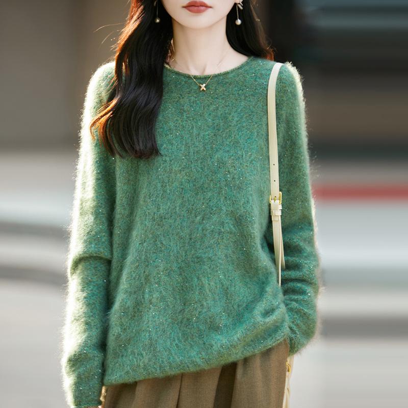 Women's Plus Size Korean Style Marled Yarn Cashmere Wool Sweater - Loose Fit, Brushed, Round Neck